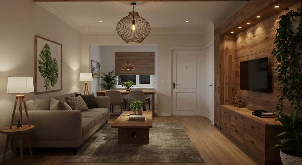 A formal living room with traditional decor. It includes a beige sofa and two matching armchairs, a dark wood coffee table, and a large rug. The walls have decorative molding, and there's a wooden credenza under a wall-mounted TV. A large brass chandelier hangs from the ceiling.