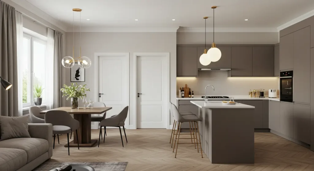A contemporary open-concept space featuring a gray kitchen with an island and bar stools, and a dining area with a wood table and four chairs. The room has light wood herringbone flooring, two white doors, and brass chandeliers.