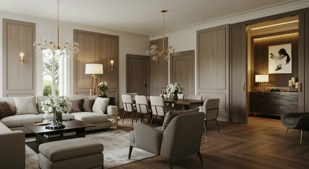 A well-lit, open-concept living and dining room with a neutral color scheme. The space features a large sectional sofa and a dark wood coffee table on a light-colored rug in the living area. The dining area includes a wooden table with eight upholstered chairs. Both spaces are illuminated by modern, multi-bulb chandeliers.