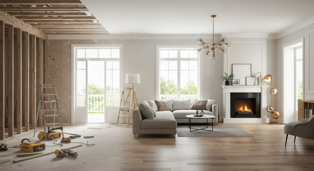 The image shows a split-view comparison of a living room during and after renovation. The left side displays an unfinished space with exposed wooden studs, drywall, a metal stepladder, a wooden tripod ladder, and scattered construction tools like a yellow power saw and drill on a bare concrete floor, with an open doorway to the outside.
