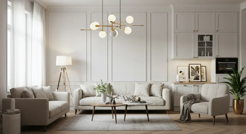 The image depicts a modern, elegant living room with a minimalist design. It features a light gray sectional sofa with cushions, a matching armchair with a throw blanket, and two round wooden coffee tables. Decorative elements include a potted plant, framed artwork on the wall, a white floor lamp with a tripod base, and a vase with greenery on the tables.