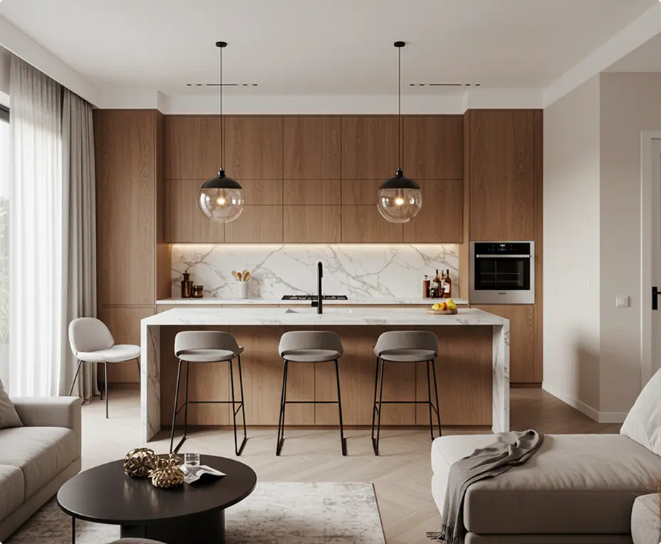“Modern kitchen with wood cabinets, marble island, pendant lights, and bar stools.”