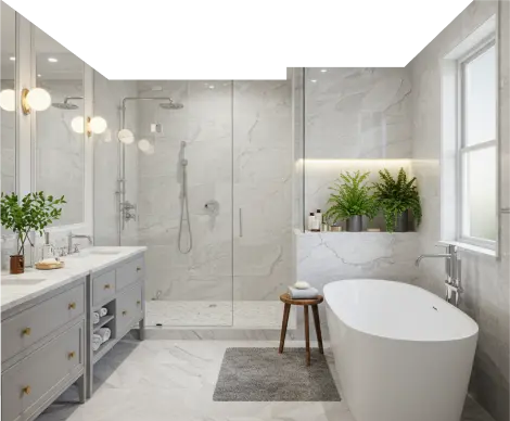 Modern bathroom with marble walls, freestanding tub, and glass shower.