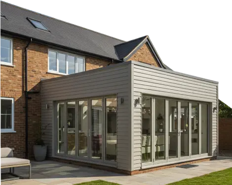 Contemporary house extension with glass doors and outdoor seating.