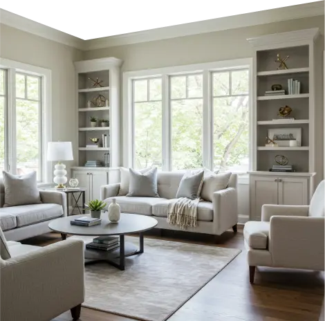 Cozy living room with beige sofa, bookshelves, and large windows.