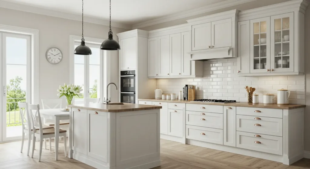 Bright modern kitchen with white cabinets, wooden island, black pendant lights, and dining area with large windows.