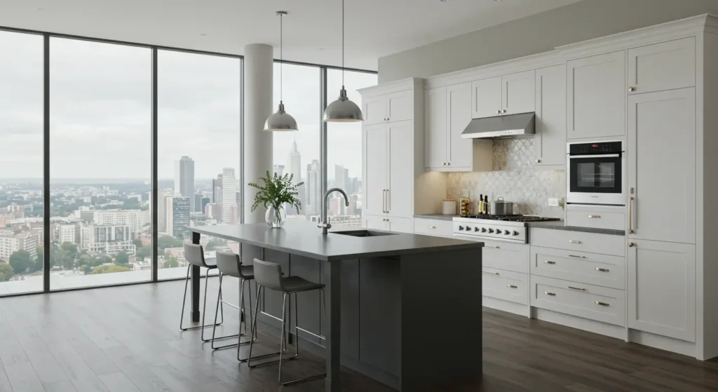 A classic kitchen with dark wood cabinets, a large white marble island, and stainless steel appliances. The island has a built-in sink, and the kitchen leads to a dining area with a view of a lush green backyard.