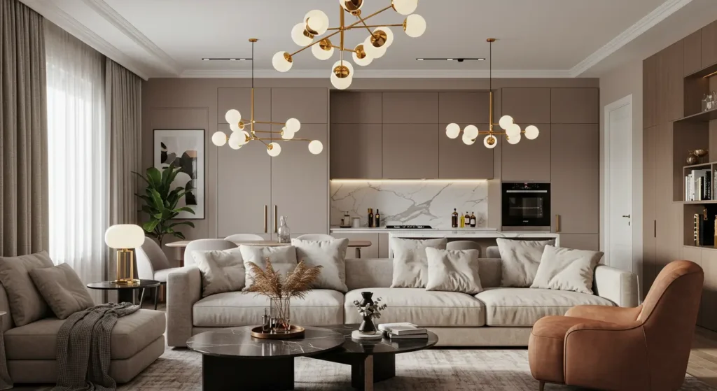 An open-concept living and dining room with a clean, contemporary design. The living area features a light gray sofa and a gray armchair with an ottoman, a round black coffee table, and a light-toned rug. In the dining area, a wooden table is paired with four upholstered chairs. The room has light wood flooring in a herringbone pattern and is illuminated by a modern chandelier with spherical lights. Large windows and sheer curtains provide natural light.