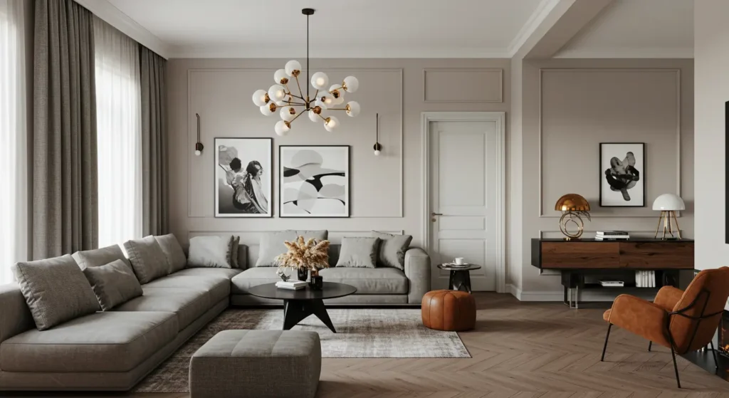 A spacious and modern living room with a neutral color scheme and warm accents. The room features a large gray sectional sofa, a round black coffee table, and a plush rug. A large, sputnik-style chandelier hangs from the ceiling. A tan leather armchair and a brown leather ottoman add a pop of color. The walls are decorated with framed abstract art, and the floor is a herringbone-patterned light wood.