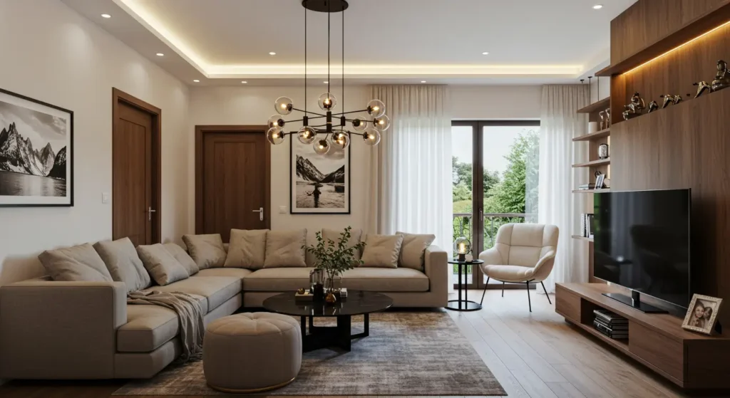 A stylish, modern living room with a neutral color scheme and warm wood accents. The space features a large L-shaped light gray sofa and a round black coffee table on a patterned rug. A modern, multi-bulb chandelier hangs from the ceiling. A light-colored armchair sits near a balcony door, and a wall unit with built-in shelving and a TV is made of warm wood. The walls are decorated with framed black and white landscape photos.