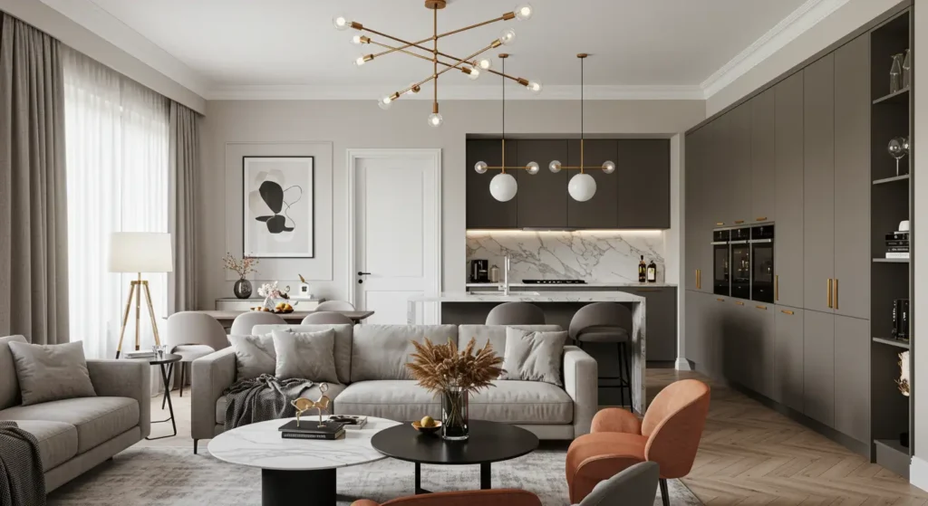 A luxurious and modern open-concept living room and kitchen. The living area features a gray sectional sofa, a round white marble and black coffee table, and two vibrant orange armchairs. The kitchen has floor-to-ceiling gray cabinets with gold hardware and a white marble backsplash and countertop. The room is decorated with a large abstract painting and two modern chandeliers with multiple lights.