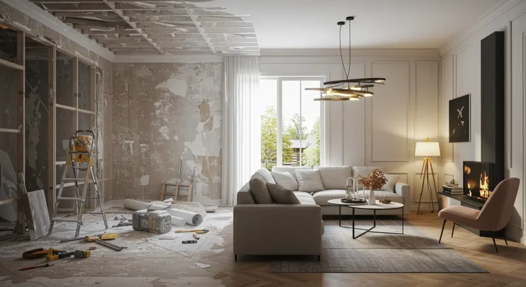 A split-image showing a room in the middle of a renovation. The left side is under construction with exposed wooden wall framing, a partially demolished wall with torn wallpaper, and construction tools and materials on the floor. The right side is a finished, modern living room with a gray sectional sofa, a coffee table, a sleek black fireplace, and a pink armchair.