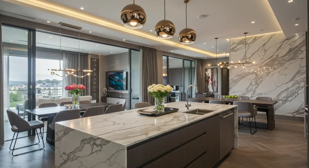 A luxurious and spacious open-concept kitchen, dining, and living room. The kitchen has a large island with a waterfall marble countertop and three metallic pendant lights. The dining area features a dark wood table with upholstered chairs, and a second dining area is visible behind the kitchen island. The far wall is covered in a large slab of white marble with gray veining. The room has large glass sliding doors and is illuminated by several modern chandeliers and LED strip lighting.