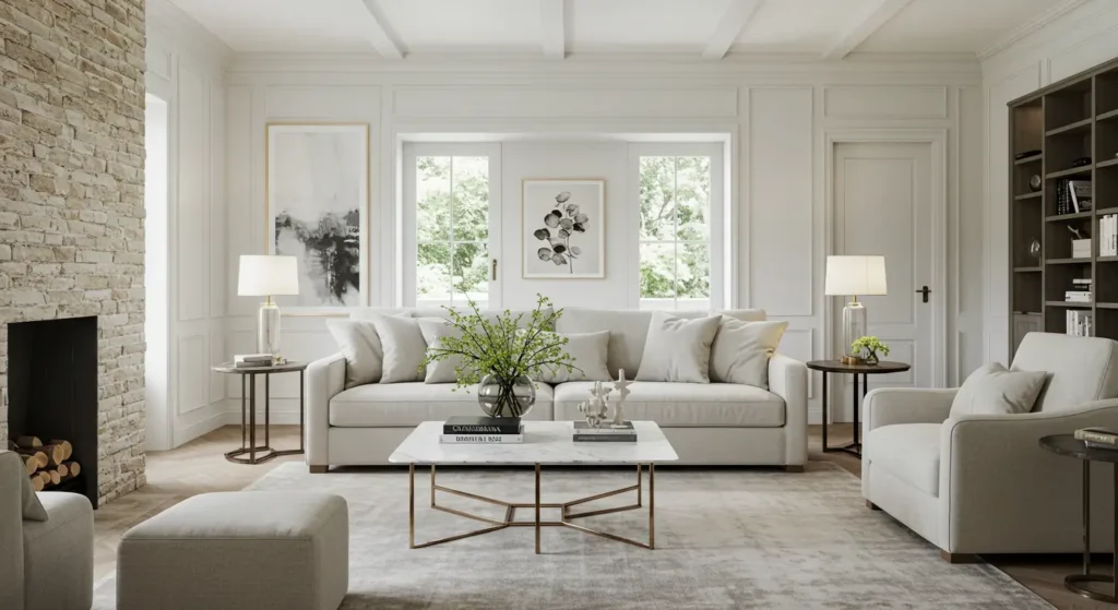 A traditional yet modern living room with a neutral color palette. The room features a light-colored sofa and two armchairs, a white marble coffee table with a brass base, and a plush rug. A fireplace with a stacked stone facade is on the left, and a large bookshelf is on the right. The walls are decorated with simple white molding and two framed artworks. Two large windows with white frames and a white door with a brass handle are visible in the back.