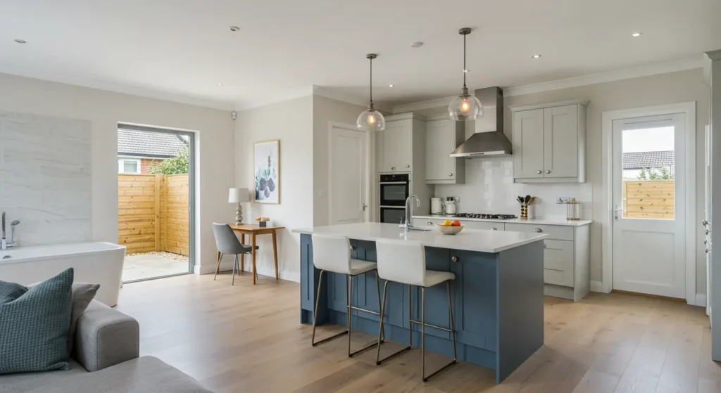 A bright, modern kitchen with a blue central island and white countertops. The room also features light gray cabinets, a white subway tile backsplash, and two pendant lights over the island. In the foreground, a corner of a living area is visible with a gray sofa. A dining nook with a small table and a chair is tucked against the far wall near a glass door that leads to an outdoor patio with a wooden fence.