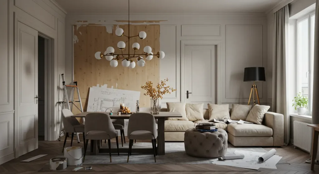 A split-image showing a room in the middle of a renovation. The left side is under construction with a bare, partially peeled wall, a ladder, paint cans, and rolled-up blueprints on the floor. The right side is a finished, modern living and dining room with a light gray sectional sofa, a tufted ottoman, a dining table with chairs, and a modern chandelier.